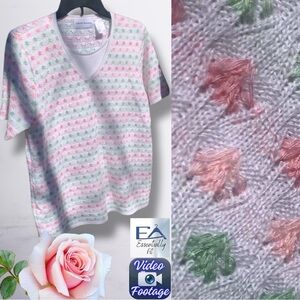 Alfred Dunner M Pink Green Pointelle Knit Top Grandmacore Spring